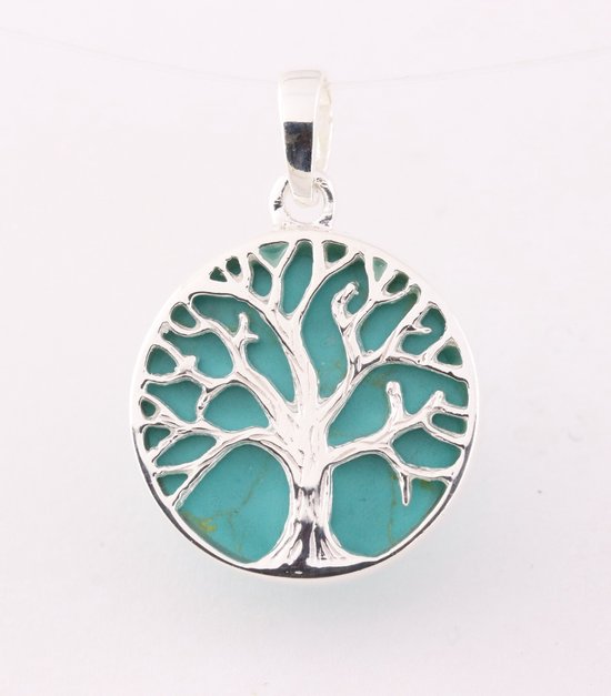 Fijne ronde zilveren hanger met levensboom op groene turkoois afbeelding 1