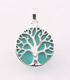 Fijne ronde zilveren hanger met levensboom op groene turkoois afbeelding 1