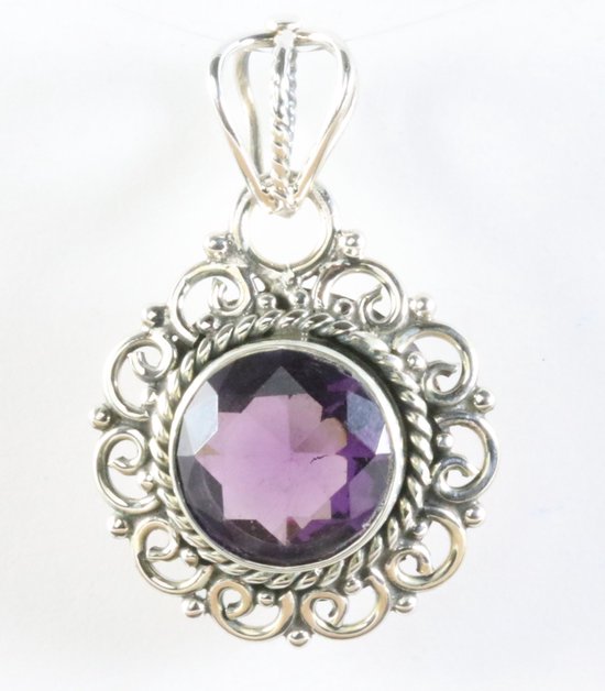 Ronde opengewerkte zilveren hanger met amethist afbeelding 1