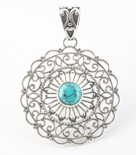 Opengewerkte zilveren hanger met turkoois afbeelding 5