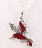 Zilveren kolibrie hanger met rode koraal steen aan ketting afbeelding 1
