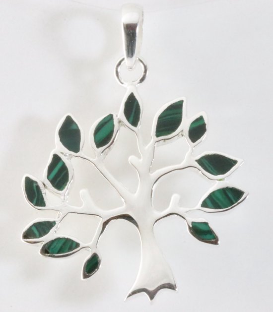 Grote zilveren levensboom hanger met malachiet afbeelding 1