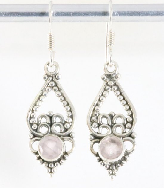 Fijne opengewerkte zilveren oorbellen met rozenkwarts afbeelding 1