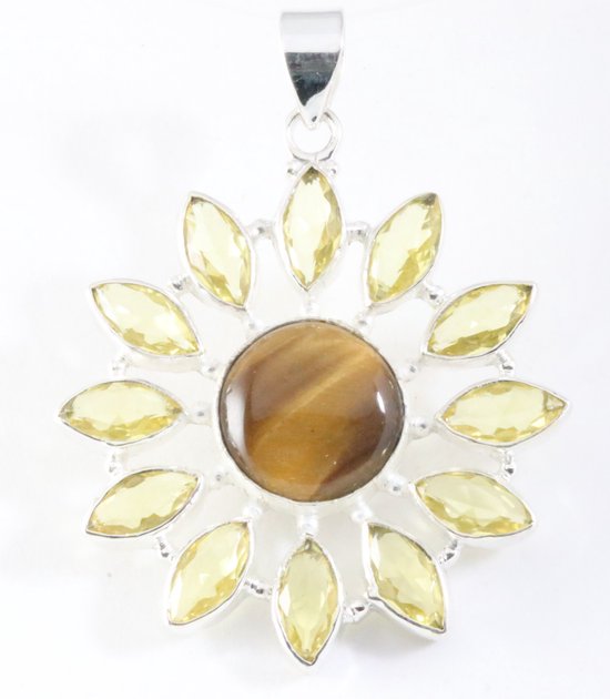 Grote opengewerkte zilveren hanger met tijgeroog en citrien afbeelding 1