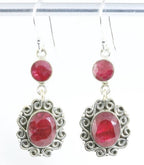 Lange bewerkte zilveren oorbellen met robijn afbeelding 1