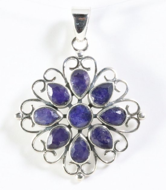 Opengewerkte zilveren hanger met blauwe saffier afbeelding 1