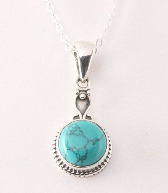 Fijne bewerkte zilveren hanger met turkoois aan ketting afbeelding 1