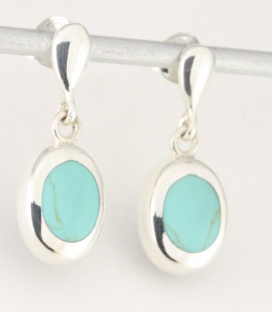 Hoogglans zilveren oorstekers met groene turkoois afbeelding 1