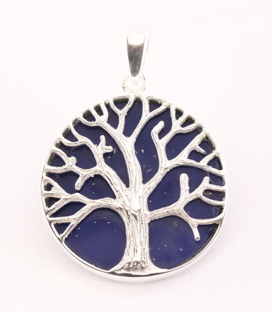 Ronde zilveren hanger met levensboom op lapis lazuli afbeelding 1