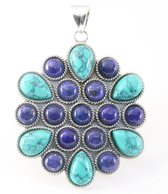 Traditionele bewerkte zilveren hanger met lapis lazuli en turkoois afbeelding 1