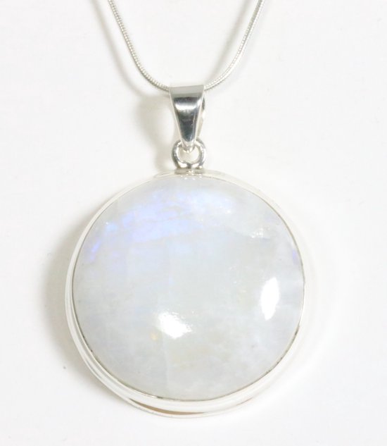 Ronde hoogglans zilveren hanger met regenboog maansteen aan ketting afbeelding 1