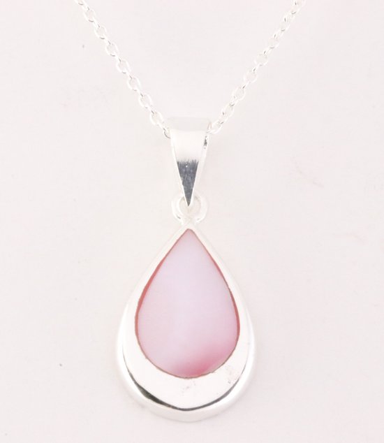 Druppelvormige zilveren hanger met roze parelmoer aan ketting afbeelding 1