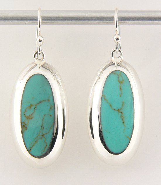 Ovale zilveren oorbellen met groene turkoois afbeelding 1