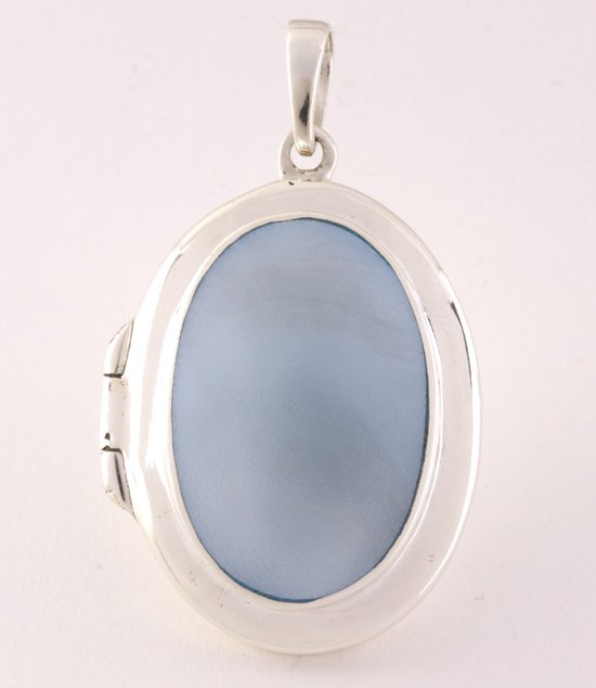 Ovaal hoogglans zilveren medaillon met lichtblauwe schelp afbeelding 1
