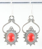 Bewerkte zilveren oorbellen met rode koraal steen afbeelding 1