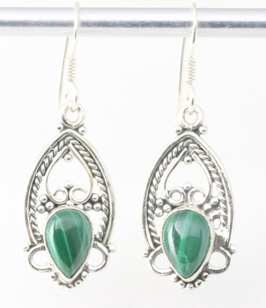Opengewerkte zilveren oorbellen met malachiet afbeelding 1