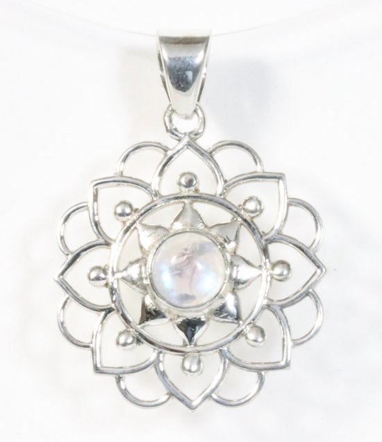 Opengewerkte zilveren hanger met regenboog maansteen afbeelding 1