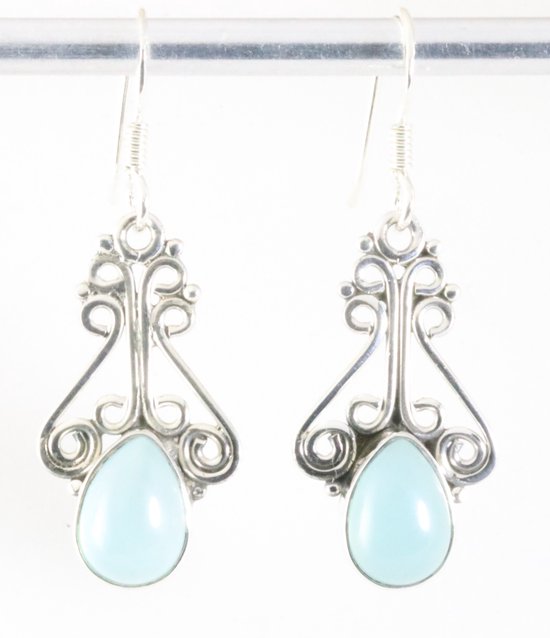 Opengewerkte zilveren oorbellen met blauwe chalcedoon afbeelding 1