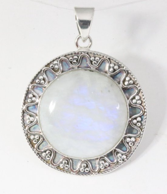 Ronde bewerkte zilveren hanger met regenboog maansteen afbeelding 1