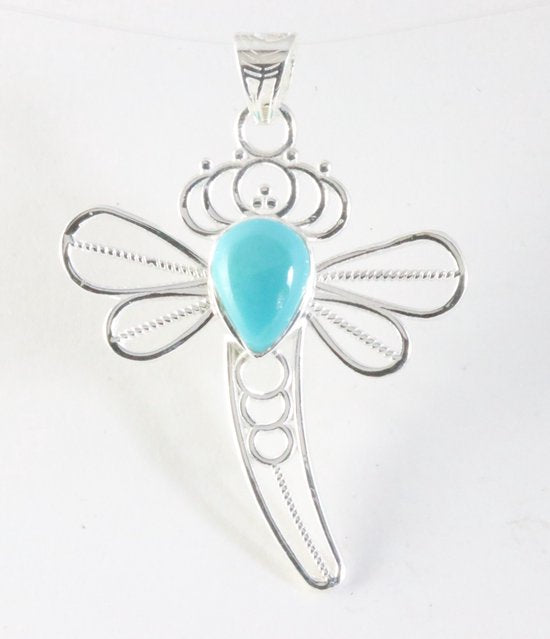 Opengewerkte zilveren libelle hanger met blauwe Arizona turkoois afbeelding 1