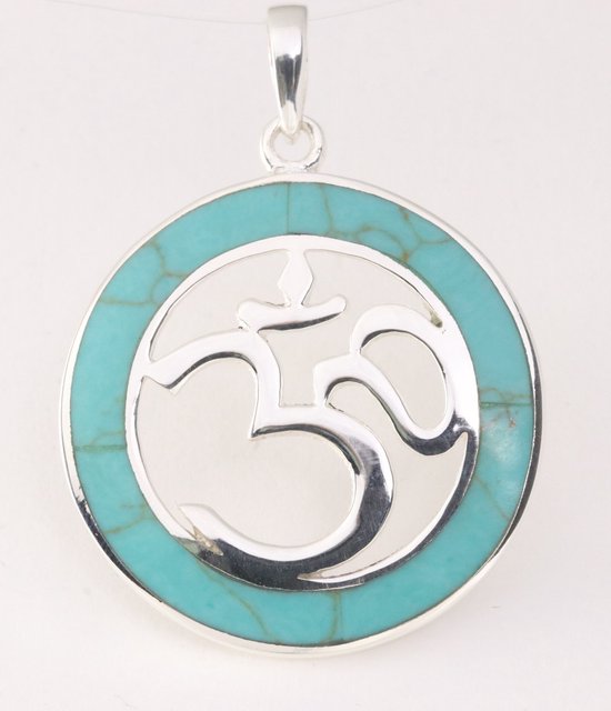 Ronde zilveren hanger met ohm teken en groene turkoois afbeelding 1