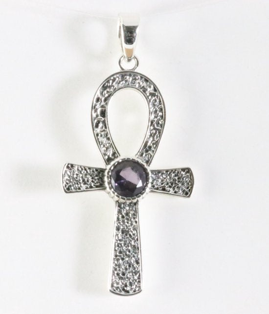 Bewerkte zilveren ankh hanger met amethist afbeelding 1