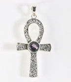 Bewerkte zilveren ankh hanger met amethist afbeelding 1