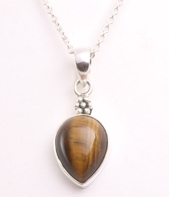 Bewerkte zilveren hanger met tijgeroog aan ketting afbeelding 1