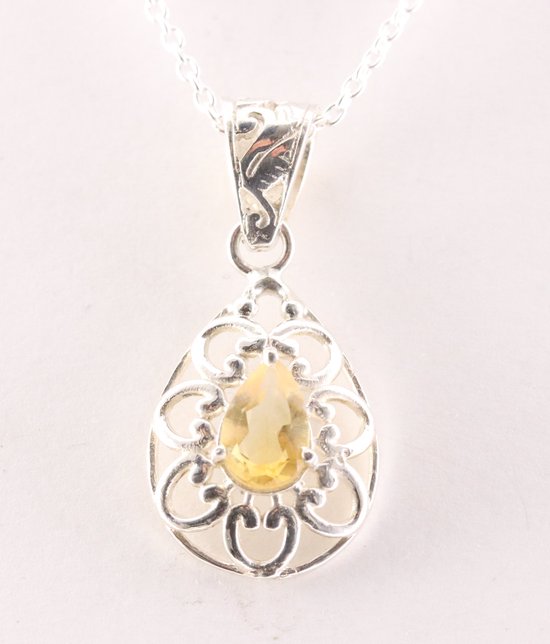 Opengewerkte druppelvormige zilveren hanger met citrien aan ketting afbeelding 1