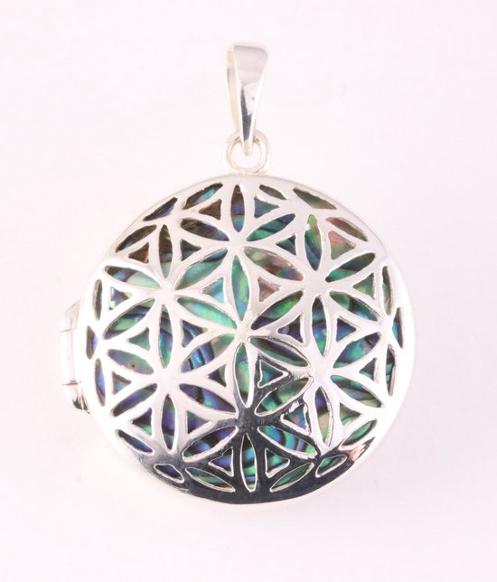 Rond opengewerkt zilveren medaillon met abalone schelp afbeelding 1