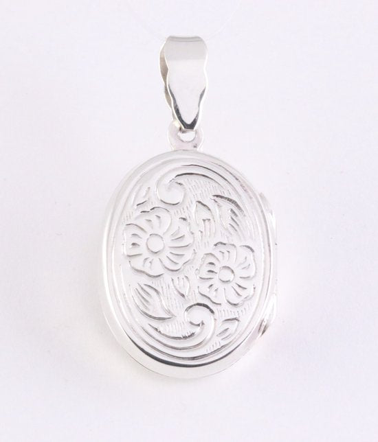 Fijn ovaal zilveren medaillon met bloemengravering afbeelding 1