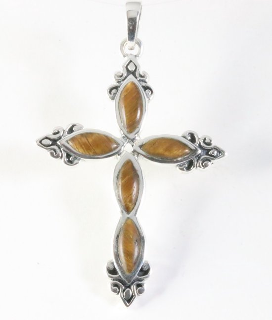 Grote bewerkte zilveren kruishanger met tijgeroog afbeelding 1