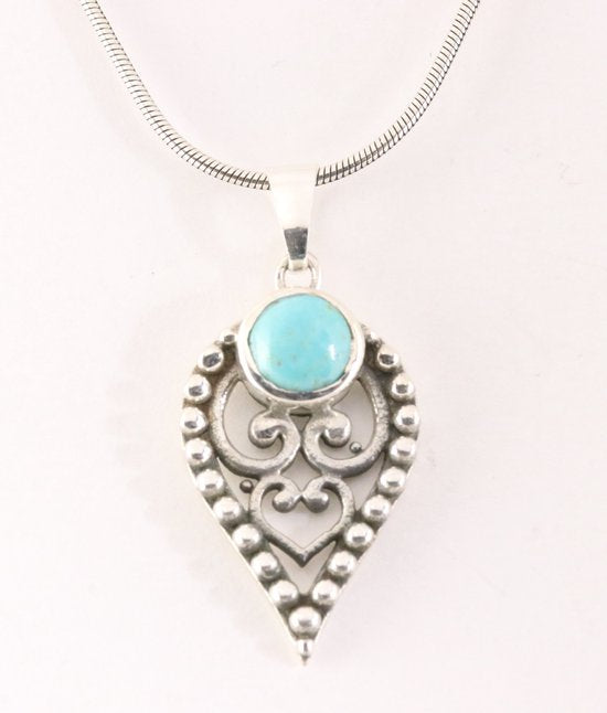 Fijne opengewerkte zilveren hanger met Arizona turkoois aan ketting afbeelding 1
