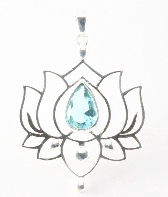 Opengewerkte zilveren lotus hanger met blauwe topaas afbeelding 5