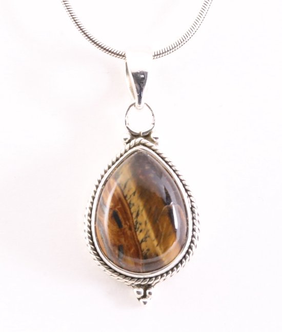 Bewerkte zilveren hanger met tijgeroog aan ketting afbeelding 1
