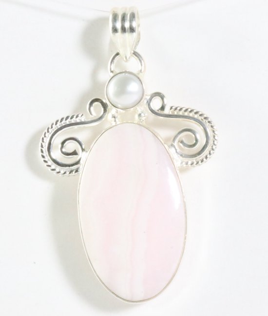 Grote bewerkte zilveren hanger met roze lace agaat en parel afbeelding 1