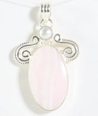 Grote bewerkte zilveren hanger met roze lace agaat en parel afbeelding 1