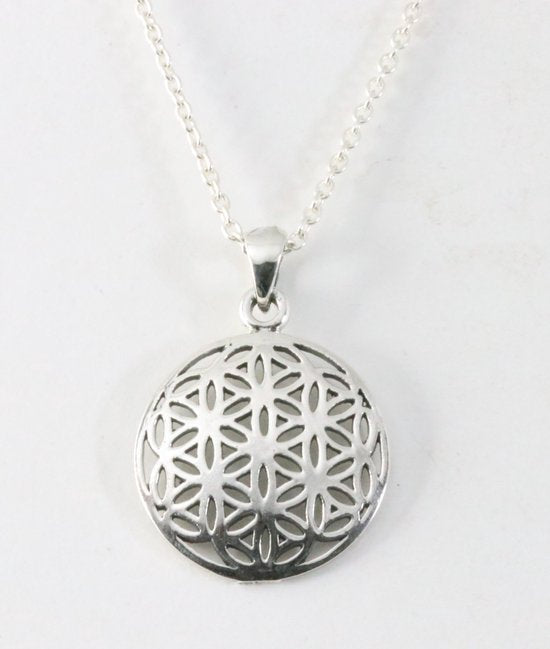 Fijne ronde zilveren levensbloem hanger aan ketting afbeelding 1