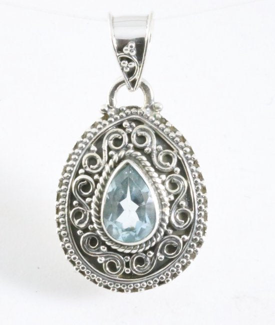 Bewerkte druppelvormige zilveren hanger met blauwe topaas afbeelding 1
