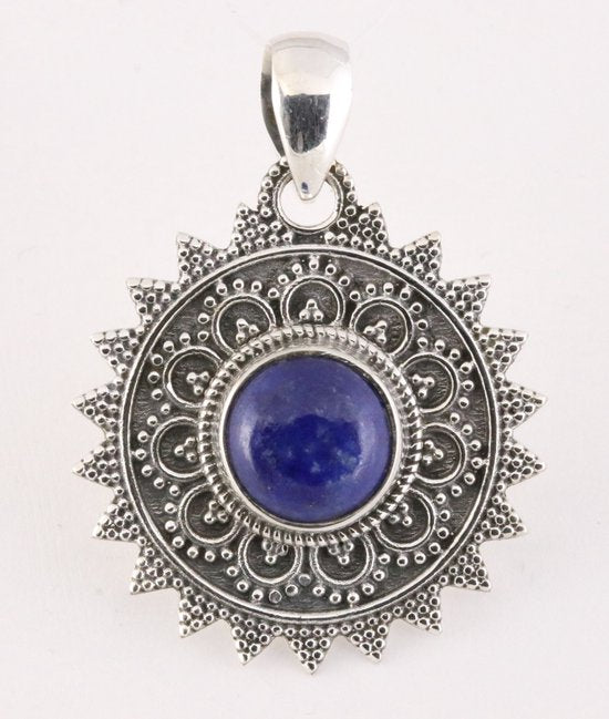 Ronde bewerkte zilveren hanger met lapis lazuli afbeelding 1