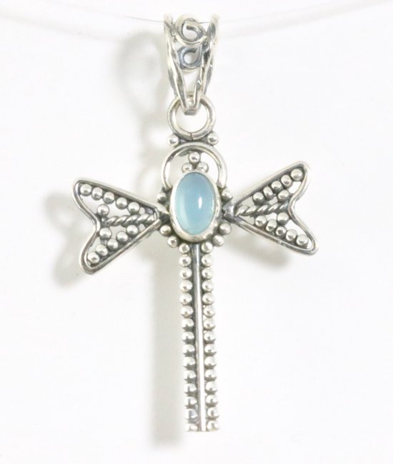 Zilveren libelle hanger met blauwe chalcedoon afbeelding 1