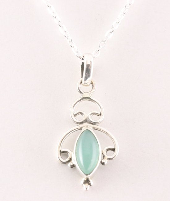 Fijne opengewerkte zilveren hanger met aqua chalcedoon aan ketting afbeelding 1