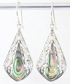 Lange opengewerkte zilveren oorbellen met abalone schelp afbeelding 1