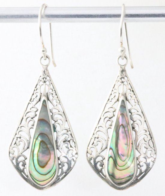 Lange opengewerkte zilveren oorbellen met abalone schelp afbeelding 1