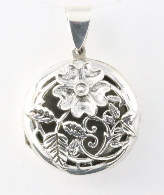 Rond opengewerkt zilveren medaillon met bloem afbeelding 1