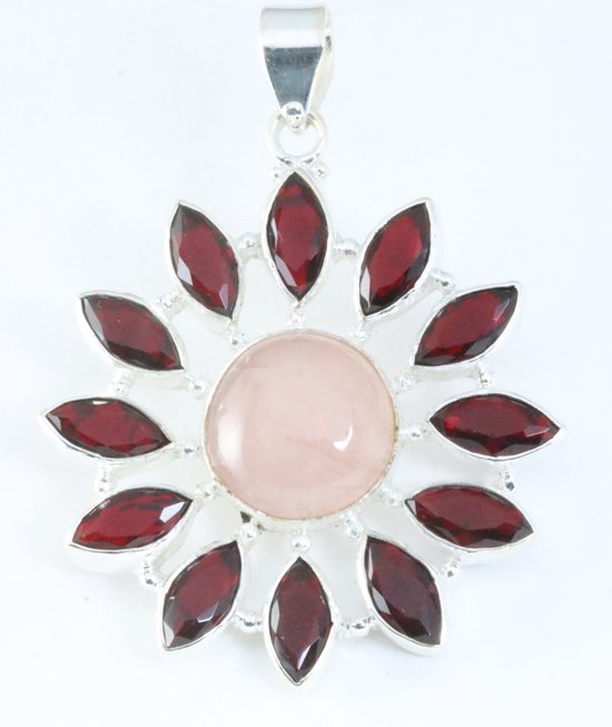 Grote opengewerkte zilveren hanger met rozenkwarts en granaat afbeelding 1
