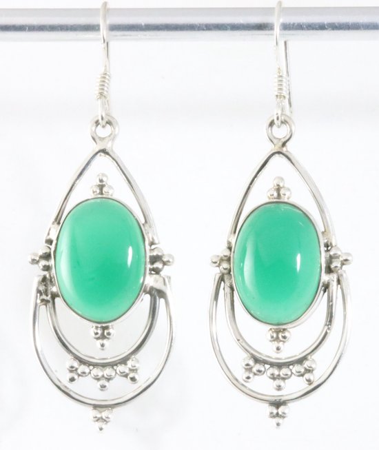Lange opengewerkte zilveren oorbellen met groene onyx afbeelding 1
