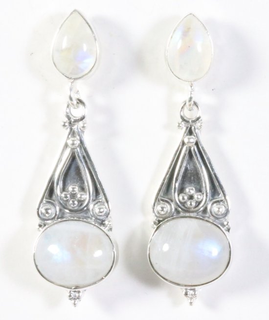 Lange bewerkte zilveren oorstekers met regenboog maansteen afbeelding 1