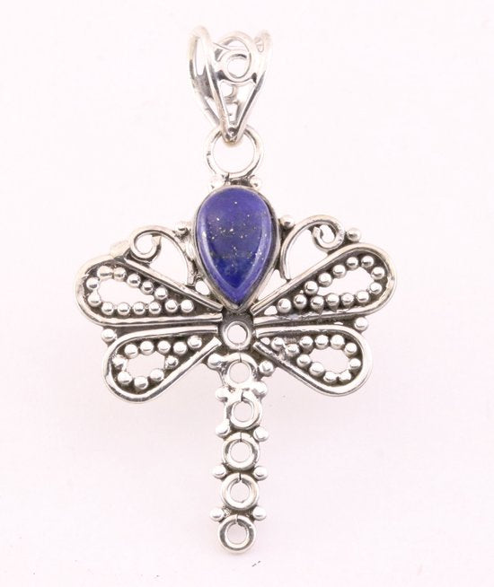Opengewerkte zilveren libelle hanger met lapis lazuli afbeelding 1