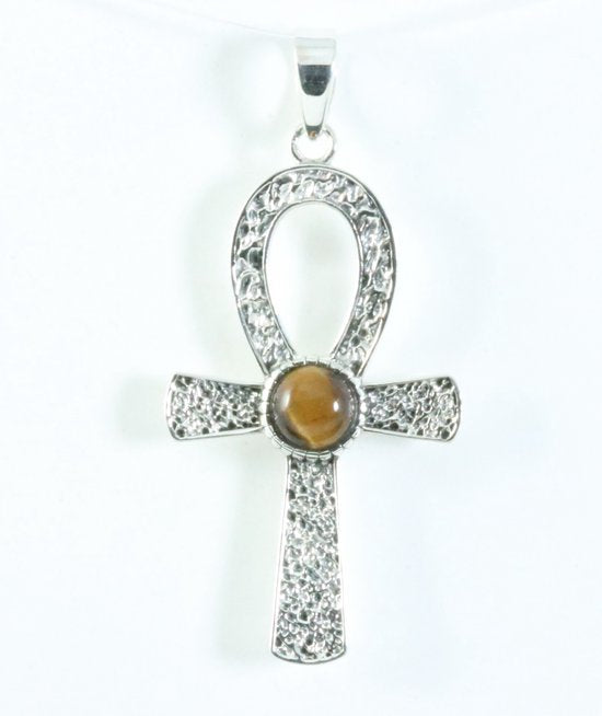 Bewerkte zilveren ankh hanger met tijgeroog afbeelding 1